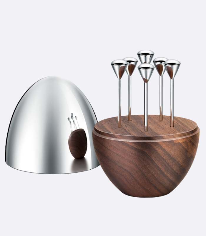 Set of 6 Cocktail Picks in Walnut Wood and Stainless Steel Egg - Unique Barware Accessories