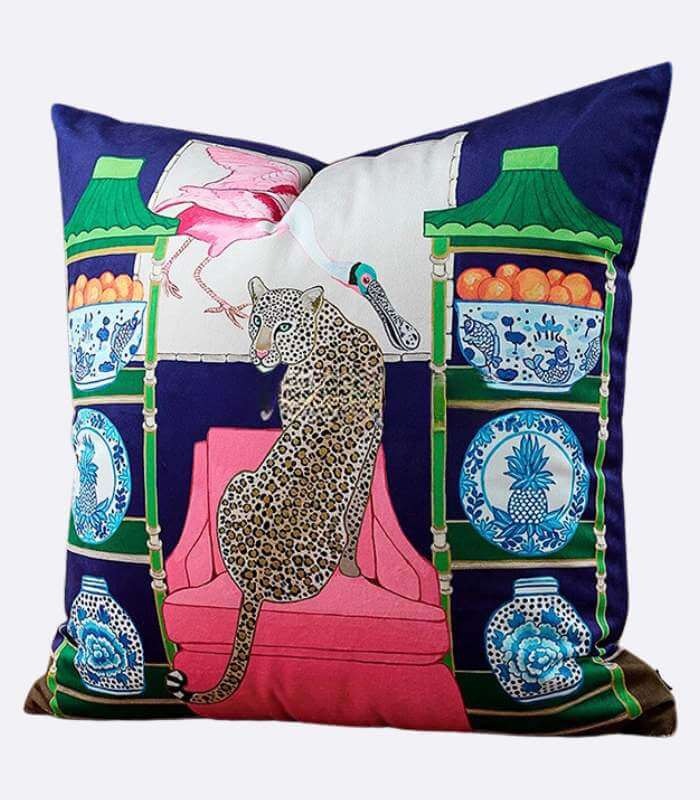 Leopard on Pink Velvet Decorative Pillow Cover - Artistic Animal Print Accent Cushion