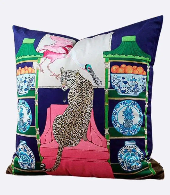 Leopard on Pink Velvet Decorative Pillow Cover - Artistic Animal Print Accent Cushion