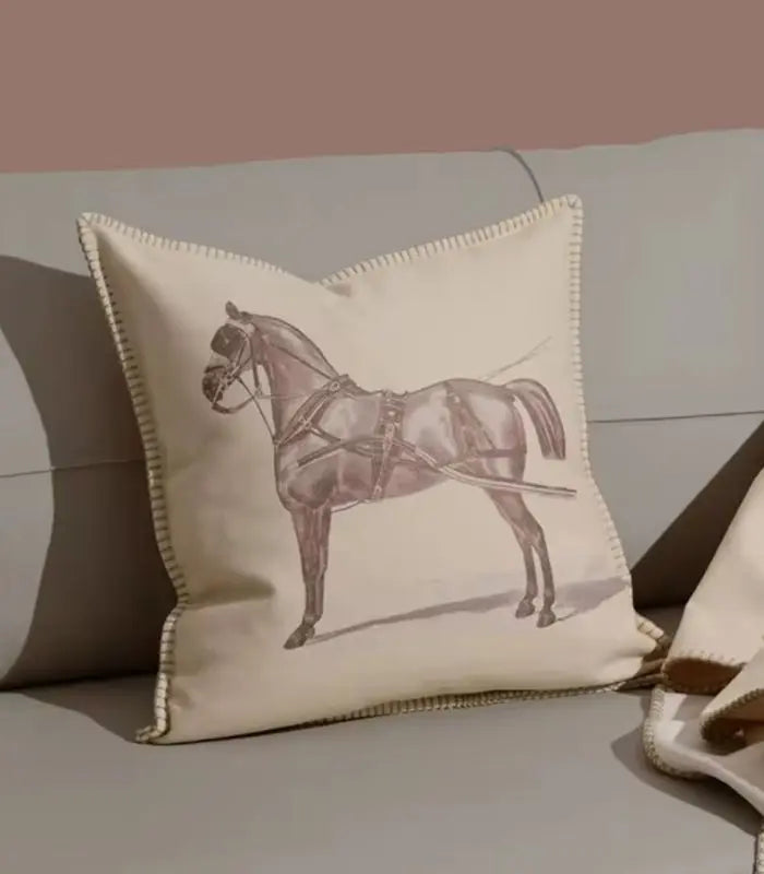 Equestrian Cushion Cover – Vintage Horse Print with Blanket Stitch Beige/Warm Cream