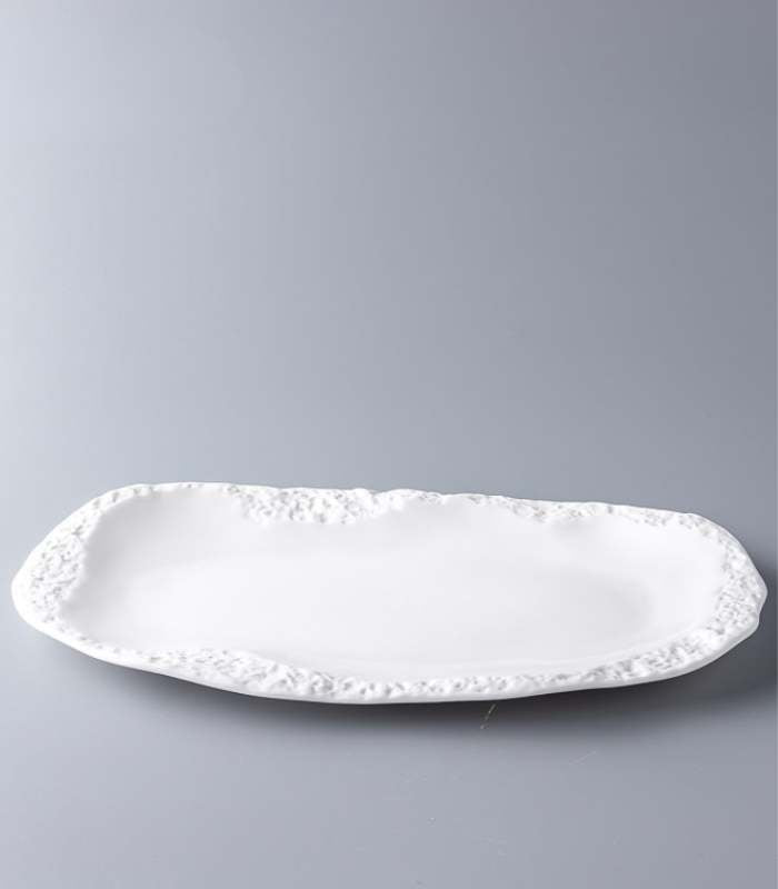 Rustic White Ceramic Serving Platter - 31cm Oval Stoneware Plate, Embossed Stone Pattern