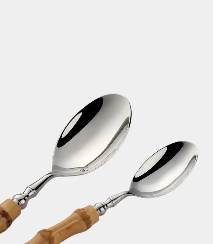 Cutlery Set Natural Bamboo Handle 304 Stainless Steel Silver
