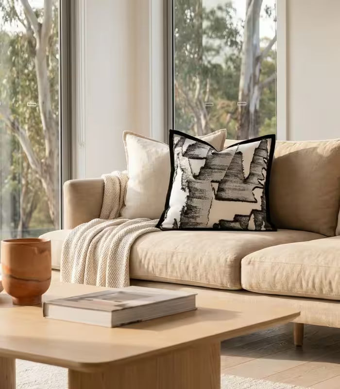 Abstract Brushstroke Cushion Cover – Embroidered Design Black & White