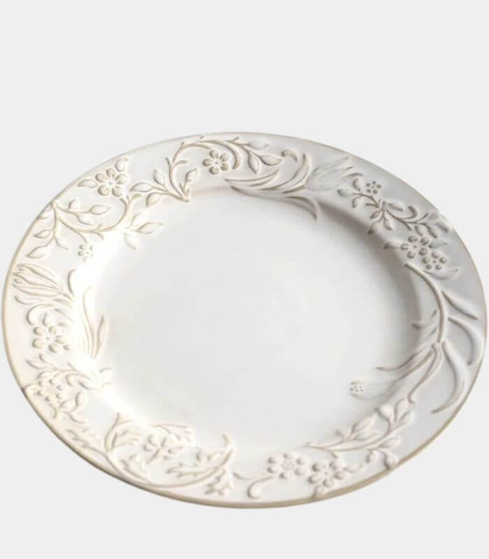 Embossed Ceramic Floral Dinner & Dessert Plate  – Elegant White Glazed Stoneware (25cm & 20cm)