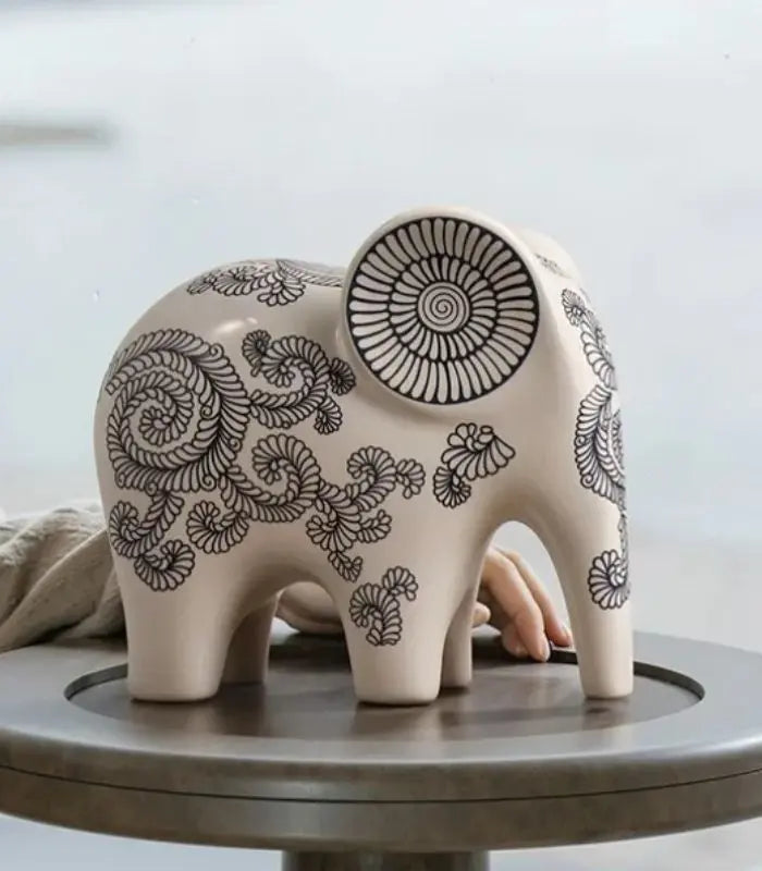 Indra Ceramic Elephant Sculpture – Hand-Decorated Design White & Blue
