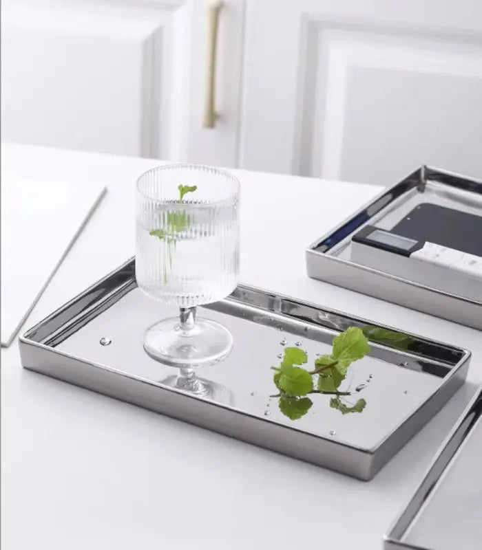 Mirrored Chrome Ceramic Tray – Multifunctional Vanity Organizer