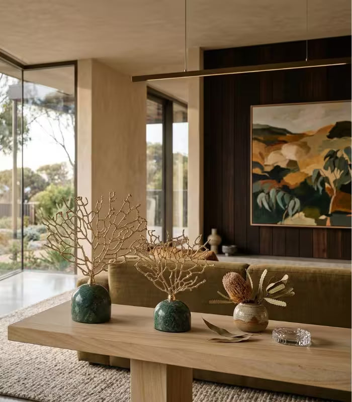 Decorative Coral Sculpture with Green Marble Base Gold