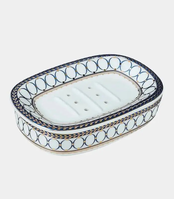 Ceramic Soap Dish With Drain Blue and White