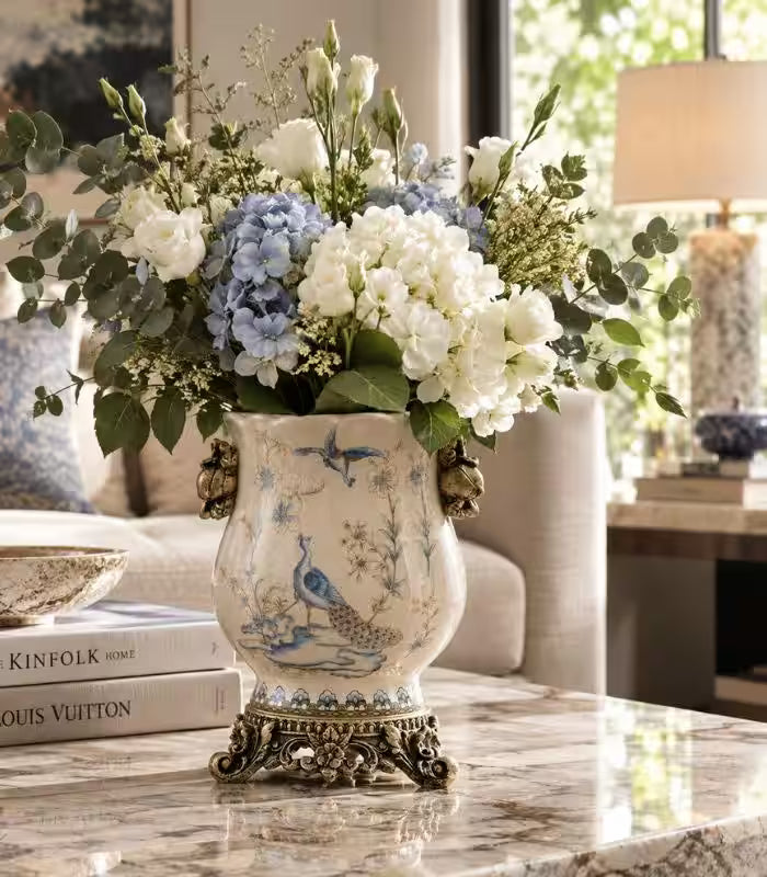Ophira Crackle-Glaze Porcelain Vase – Hand-Painted Peacock, Gilded Resin Base & Handles 21cm