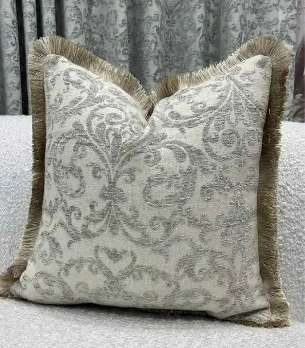 Damask Chenille Cushion Cover with Fringe - Elegant Jacquard Pillow Case 45x45cm