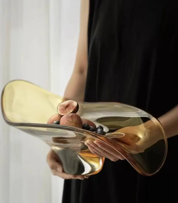 Solara Handblown Glass Fruit Bowl – Organic Wave Design Warm Amber Gold