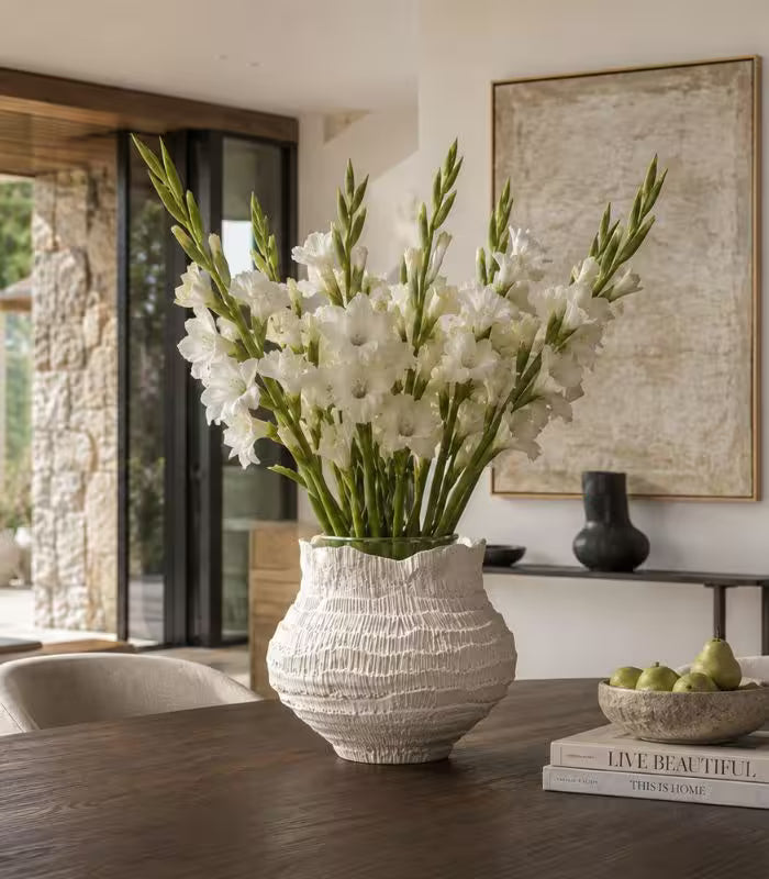 Solvei Ceramic Vase Hand-Cut Textured Pattern Off-White Sculptural Planter 31.5 cm / 12.4 in