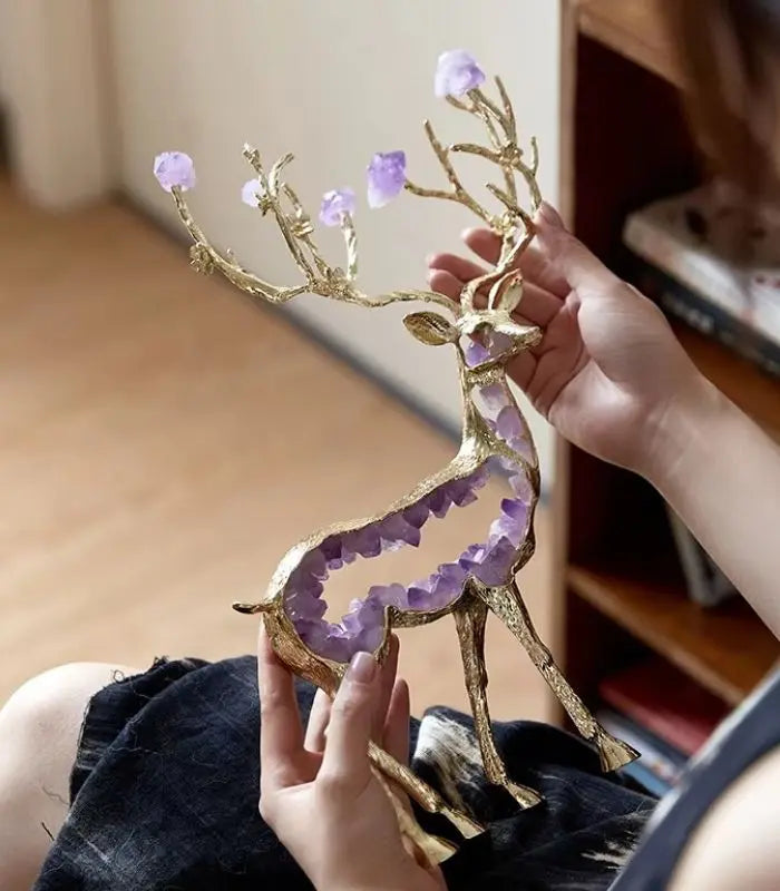 Enchanted Forest Deer Sculpture – Amethyst Crystal & Gold Alloy
