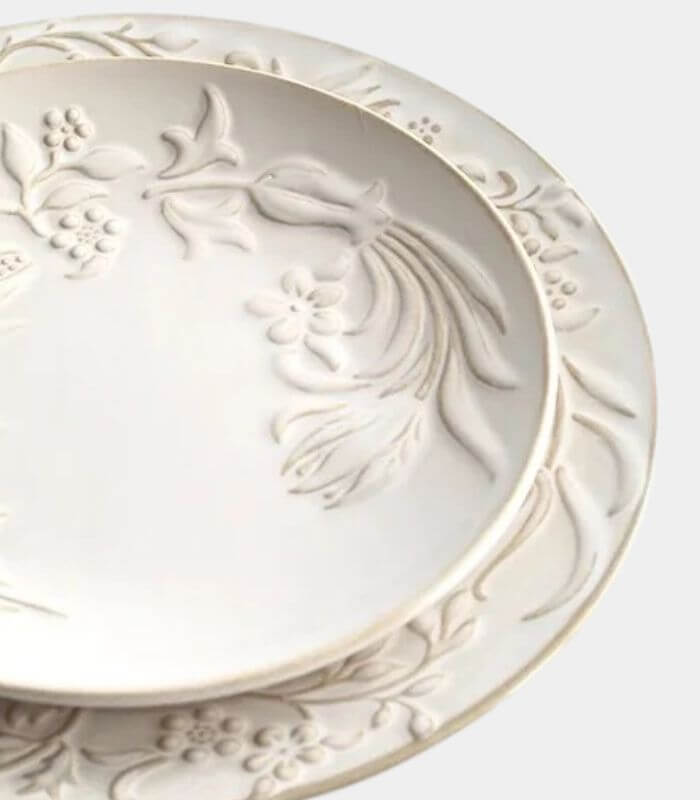 Embossed Ceramic Floral Dinner & Dessert Plate  – Elegant White Glazed Stoneware (25cm & 20cm)