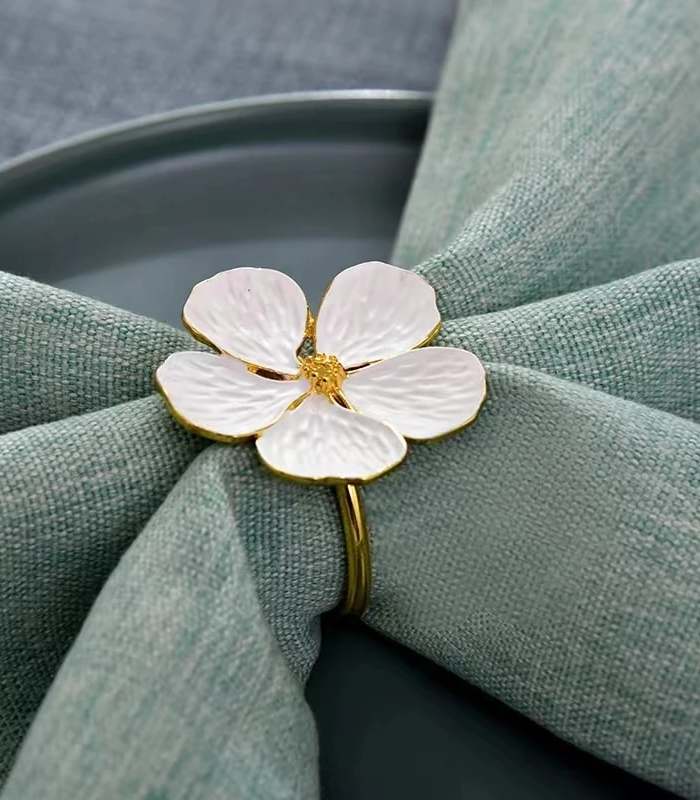 Set of 6 Gold & White Floral Metal Napkin Rings