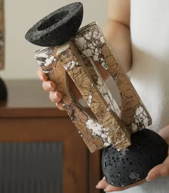 Corteccia Marble & Lava Stone Candle Holder – Natural Stone Pillar, 2 Sizes