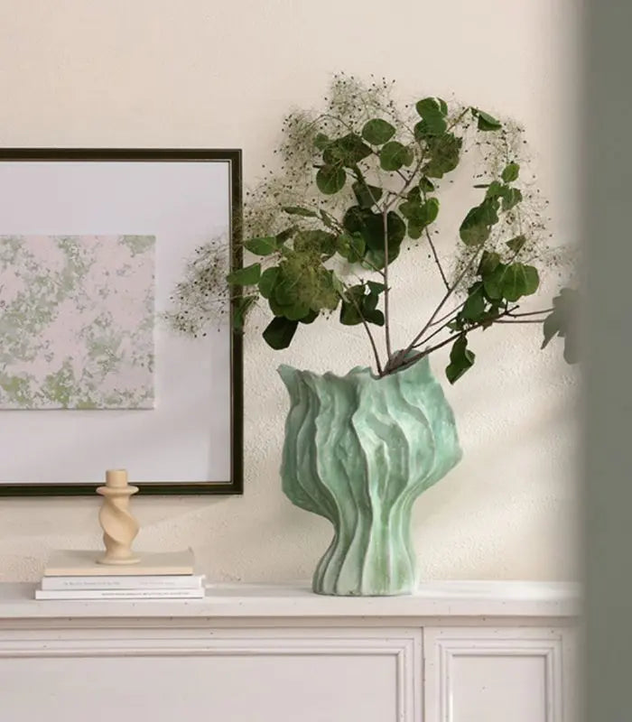 Talia Handcrafted Ceramic Vase – Two-Tone Green Ruffled Leaf-Form Sculptural Vessel