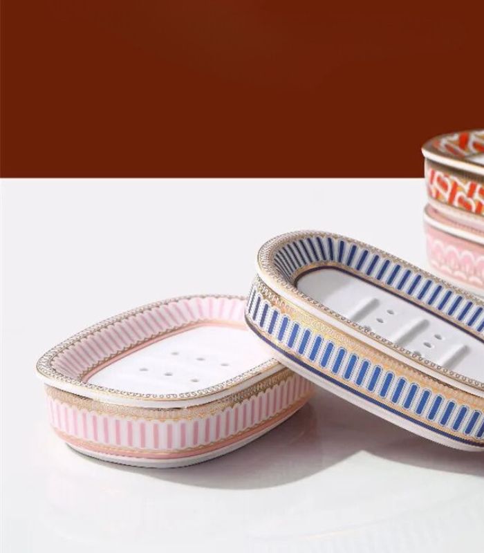 Ceramic Soap Dish With Drain Pink and White 13.8 cm