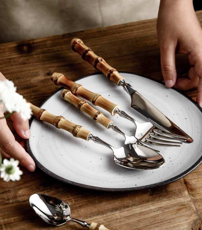 Natural Bamboo Flatware Set 18/10 Stainless Steel with Steak Knives, Bamboo Flatware Set