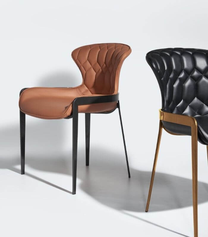 Modern Tufted Leather Dining Chair with Black Metal Legs - Cognac