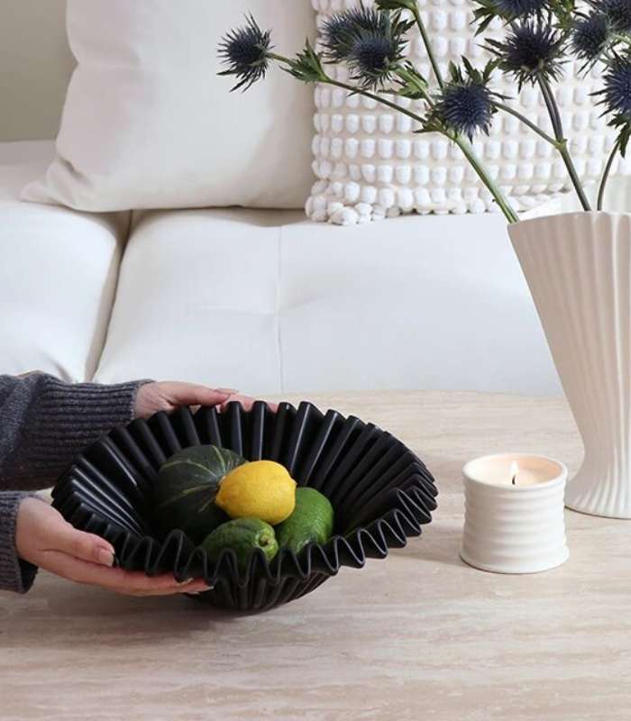 Decorative Fruit Bowl Ruffle Black Resin 30 cm