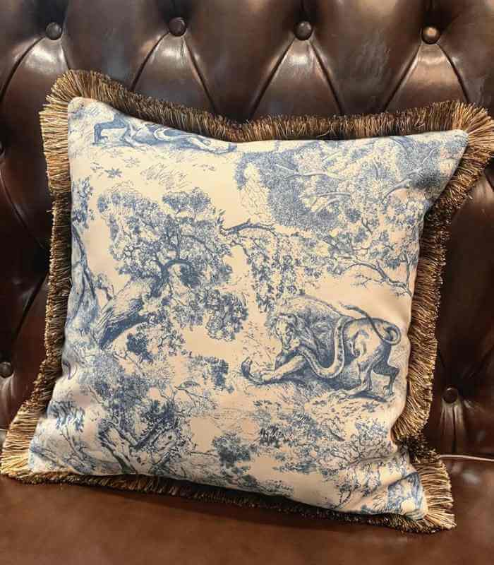 Cushion Cover Mythos Woven Blue Print Fringed 45x45 cm