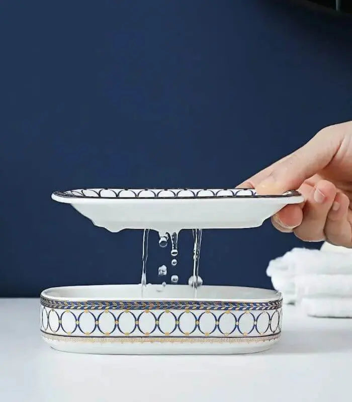 Ceramic Soap Dish With Drain Blue and White