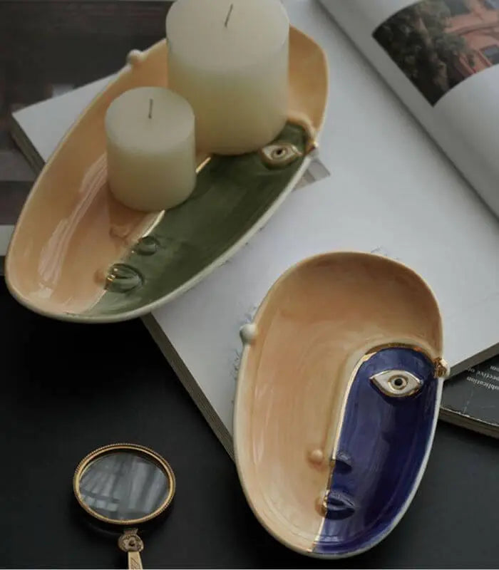 Artisanal Dual-Tone Face Ceramic Decorative Dish | Modern Abstract Art Catchall Tray