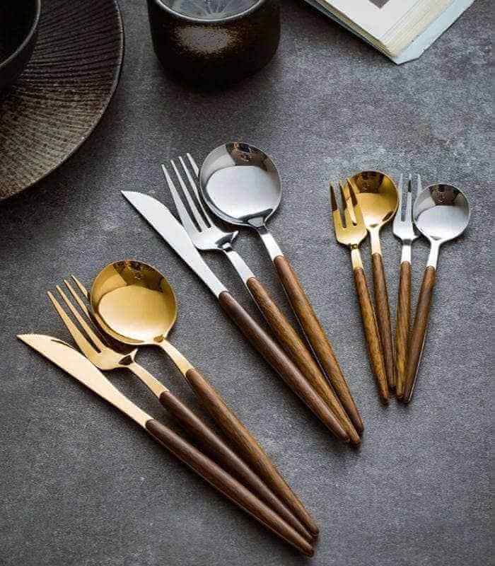 30 Pcs Cutlery Set Dinnerware 304 Stainless Steel Wooden Handle