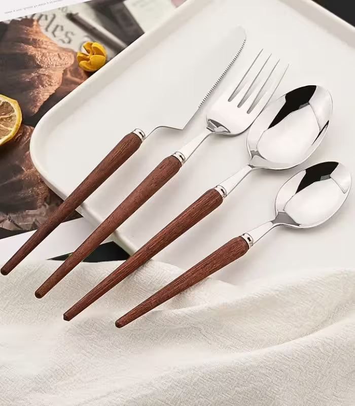 24-Piece Coastal Dining Cutlery Set – Rosewood Handle Stainless Steel Flatware (Brown)