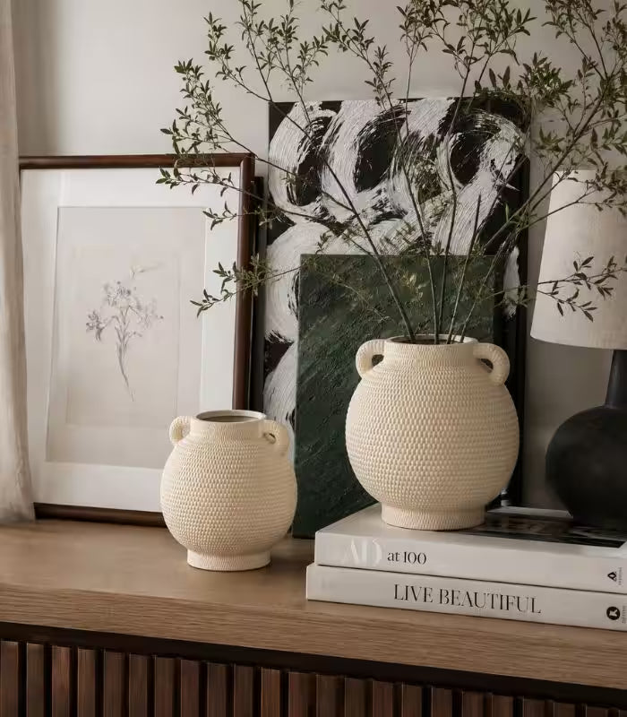 Perugia Textured Ceramic Vase – Woven-Effect Amphora with Handles, 2 Sizes