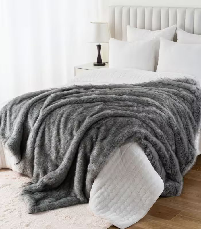 Faux Fur Throw Blanket Soft Thick Grey
