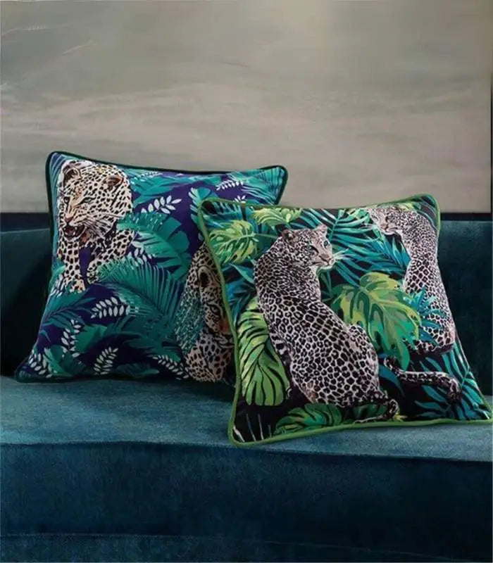 Velvet Cushion Cover Leopard Tropical Forest Print 45x45cm