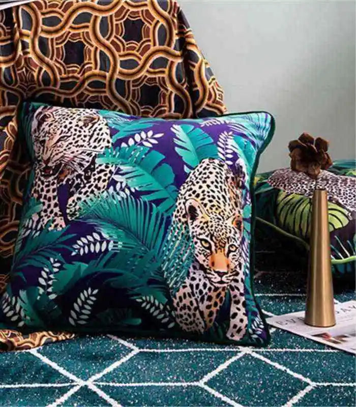 Velvet Cushion Cover Leopard Tropical Forest Print 45x45cm