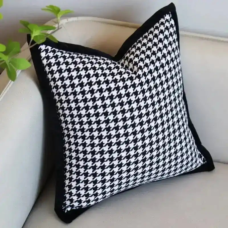 Houndstooth Pattern Cushion Cover Black & White Linen Cotton