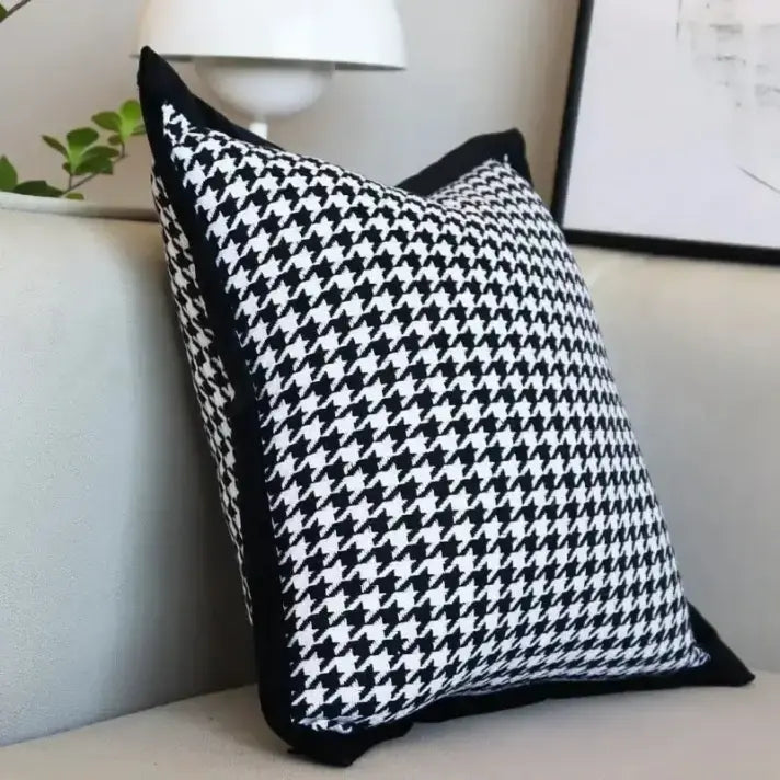 Houndstooth Pattern Cushion Cover Black & White Linen Cotton