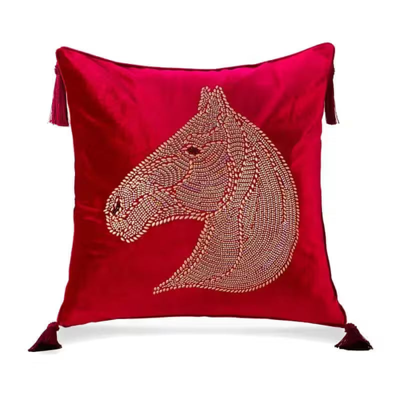 Beaded Horse Head Velvet Cushion Cover with Tassels 45x45 cm