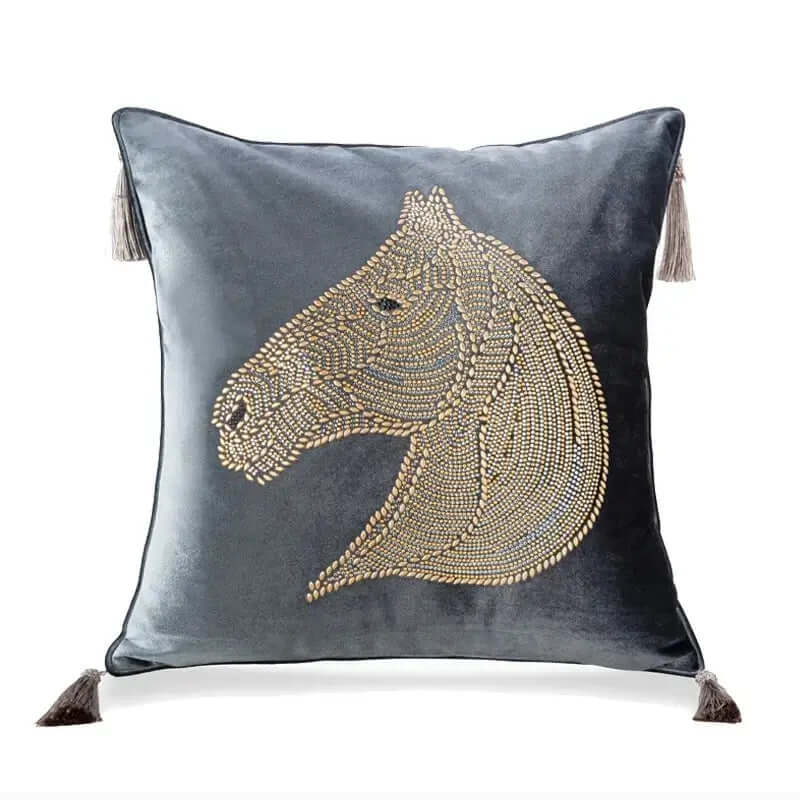 Beaded Horse Head Velvet Cushion Cover with Tassels