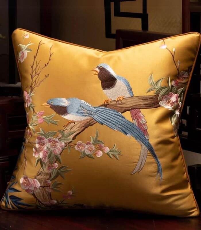 Handcrafted Oriental Bird Silk Satin Cushion Cover Embroidered Decorative Pillow Case 45 cm