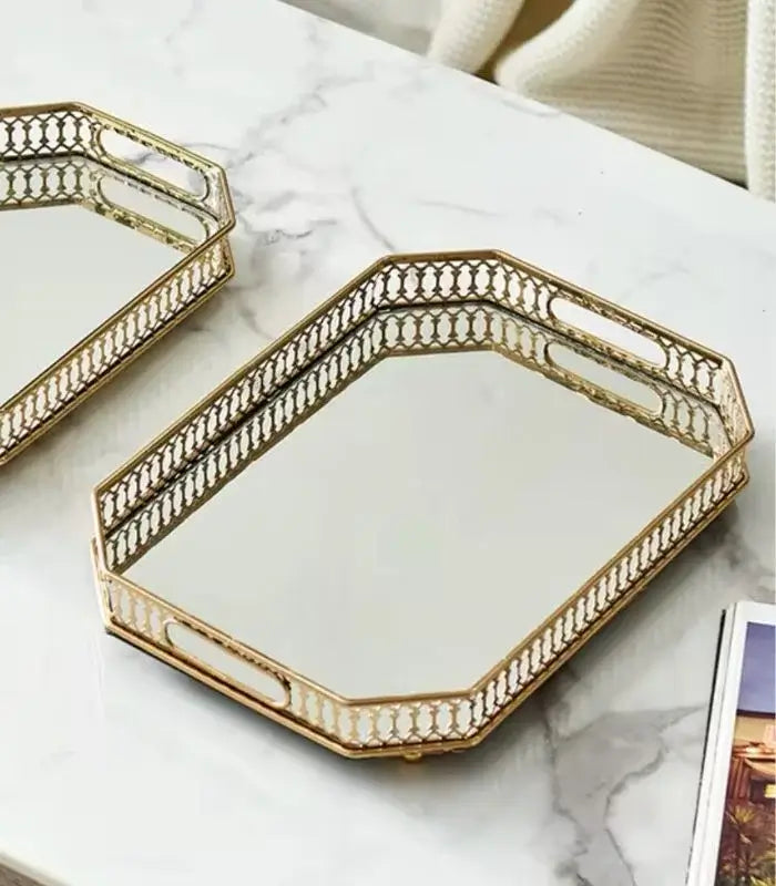 Vintage European Gold Mirror Metal Tray Rectangular 35cm