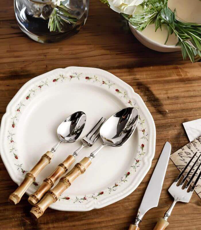 Natural Bamboo Flatware Set 18/10 Stainless Steel with Steak Knives, Bamboo Flatware Set