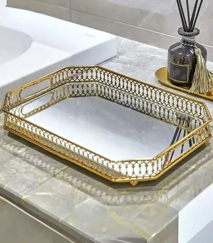 Vintage European Gold Mirror Metal Tray Rectangular 35cm