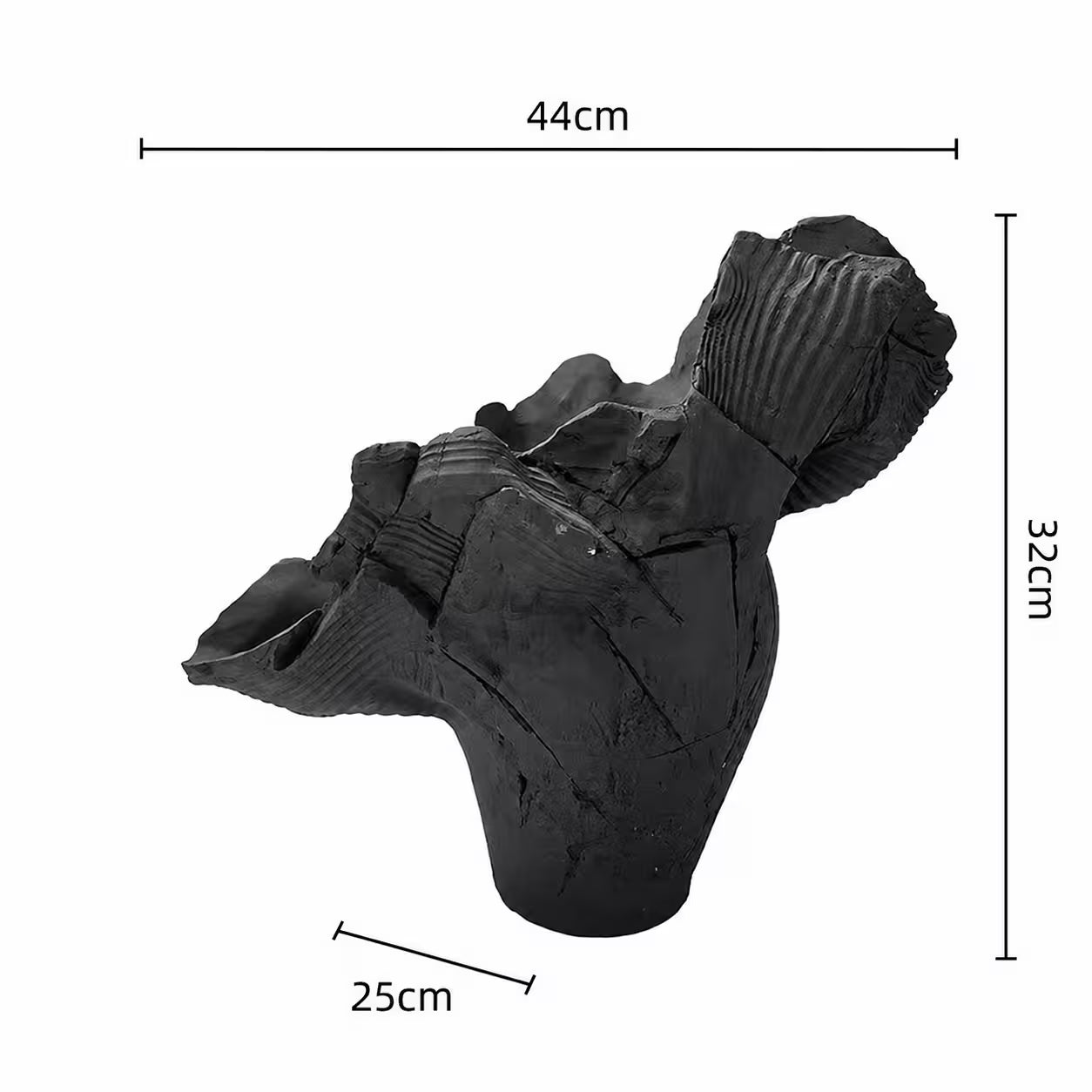 Black ceramic sculpture with measurements on a white background