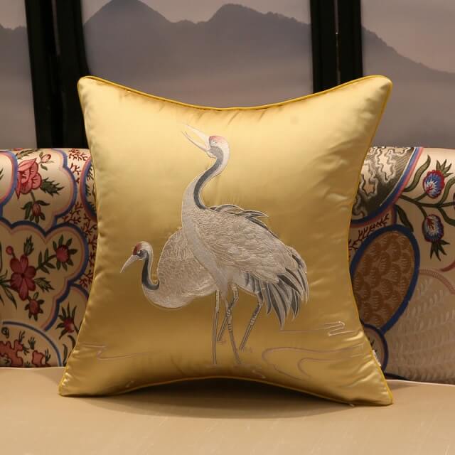 Cushion Cover Crane Embroidered Silk Sating 45x45cm