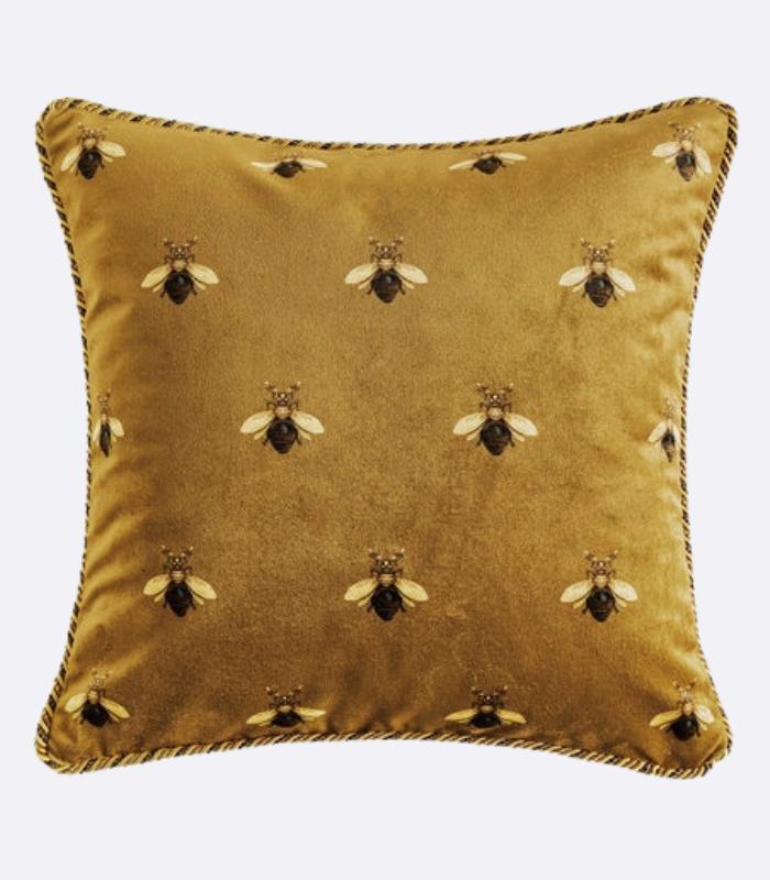 Retro Gold Cushion Cover Decorative Pillow Case Bee Print Velvet