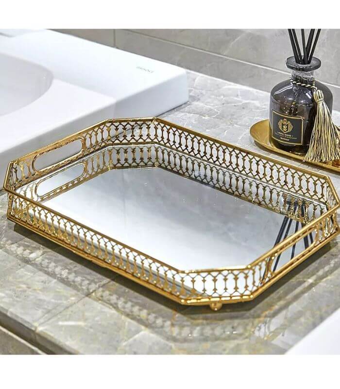 Vintage European Gold Mirror Metal Tray Rectangular 35cm