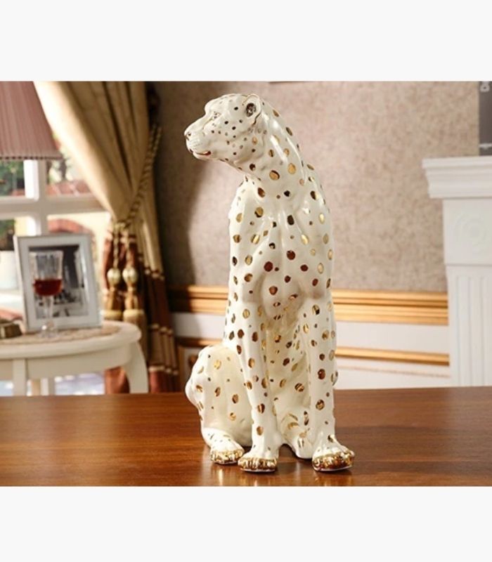 Ceramic Sculpture Leopard Gold White Hand Painted New Large