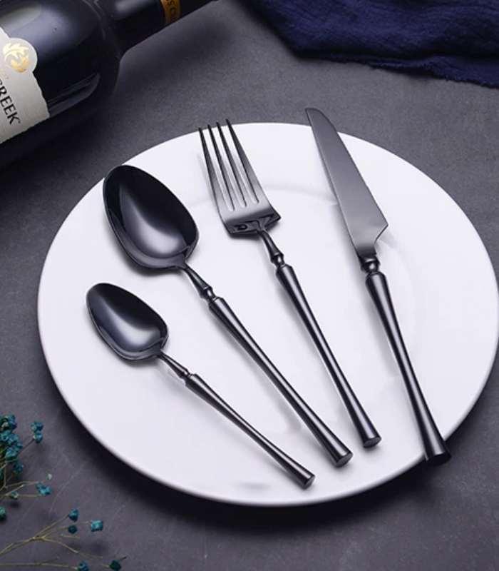 30 Pcs Cutlery Set Stainless Steel Mirror Polished Set for 6 Black