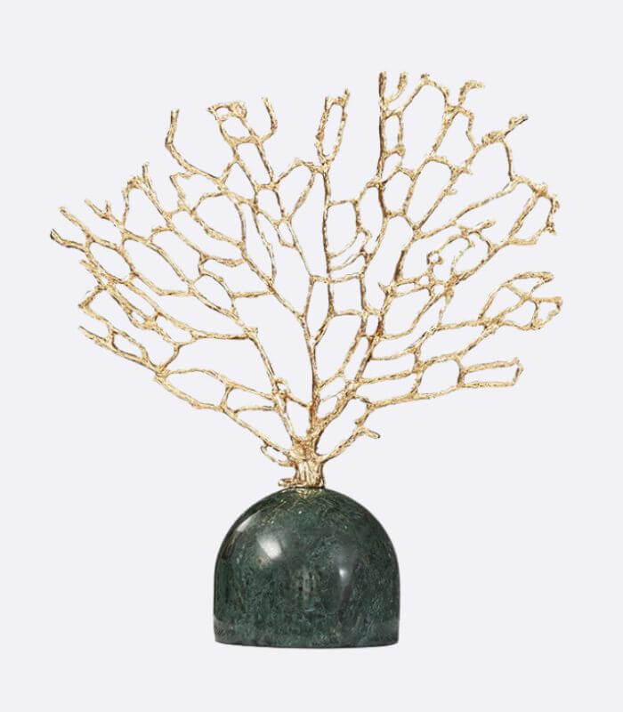 Coral Sculpture on Green Marble Base - Gold Metal Tree Decor Set 30.5 cm
