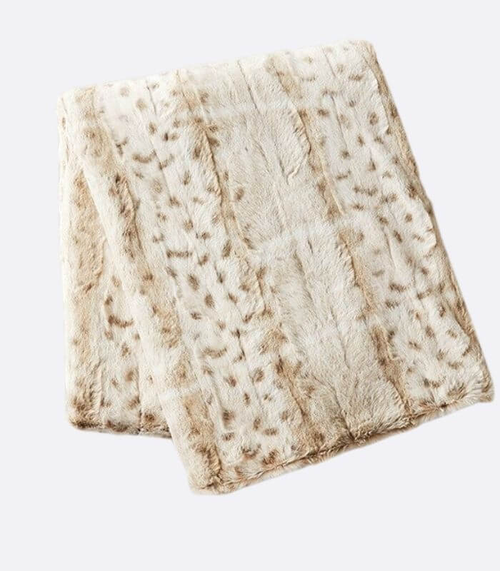 Faux Fur Throw Blanket Leopard Print Soft Beige